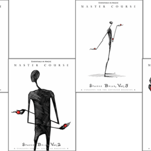 Stylized black and white magician sketches promoting advanced magic tutorials.
