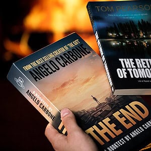 A thrilling science fiction novel cover featuring a sunset landscape and a person holding two books.