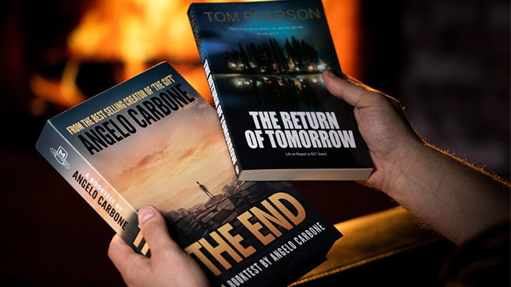 A thrilling science fiction novel cover featuring a sunset landscape and a person holding two books.