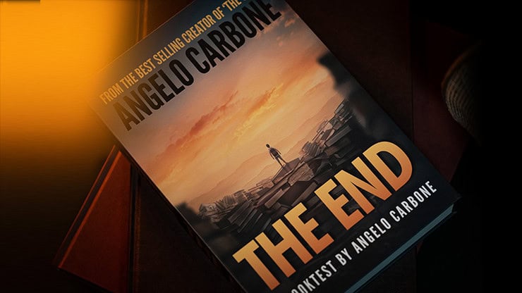 A colorful book cover titled "The End" by Angelo Carbone, featuring a sunset scene with a person sta.