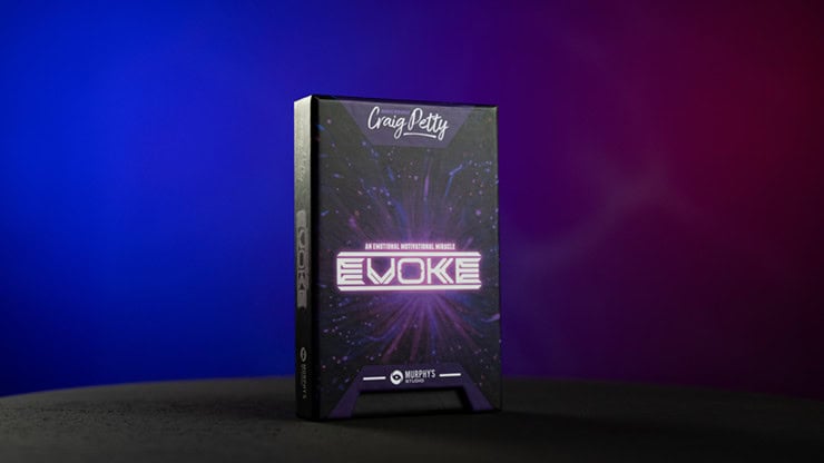 A thrilling magic trick box titled "Evoke" by Craig Petty, set against a vibrant blue and purple bac.