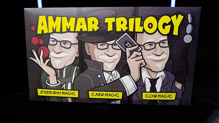 A colorful illustration of three magicians representing the Ammar Trilogy: Everyday Magic, Card Magi.