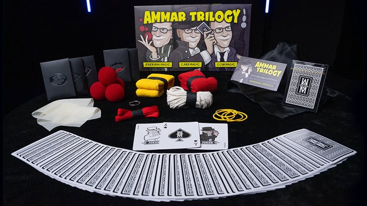 Ammar Trilogy magic set with cards, props, and instructional materials for magic enthusiasts.