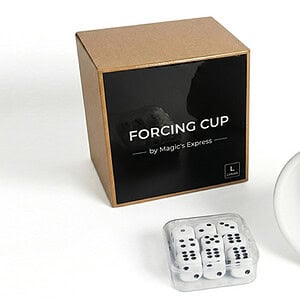 Forcing Cup (Large) by Magic Express in its packaging with dice for magic tricks.