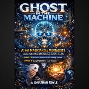 AI-powered ghost in the machine for magicians and mentalists, featuring futuristic digital skull and.