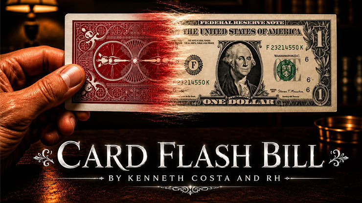 Close-up of a magician's hand holding a dollar bill with a red flash effect.
