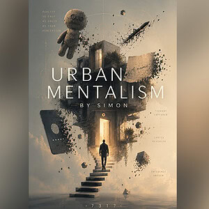 Urban Mentalism by Simon poster with surreal floating objects and a silhouette figure.