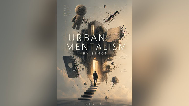 Urban Mentalism by Simon poster with surreal floating objects and a silhouette figure.