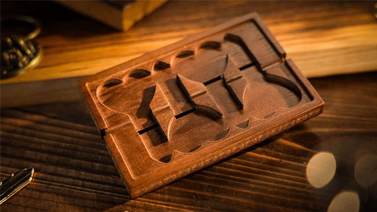 Wooden magic trick box with hidden compartments for illusions.