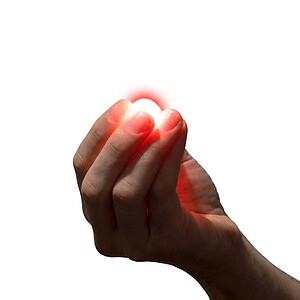 Appearing Magical Lights — hand pinching a glowing red light, white background