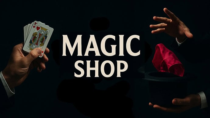 Playing cards being held for magic trick magic shop concept with top hat and red scarf in background.