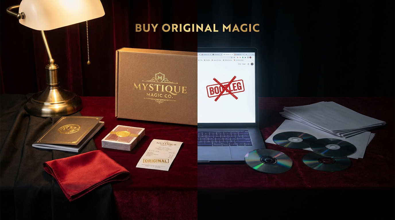 Still life comparing original magic dealer packaging with bootleg discs and a laptop stamped bootleg, headline Buy Original Magic