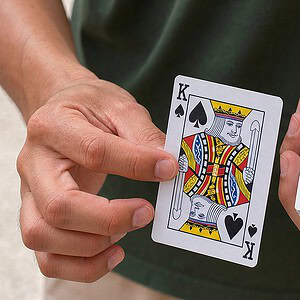 Card Ambitious by Kenneth Costa magic trick - performer revealing the chosen card with a blue deck on an outdoor balcony