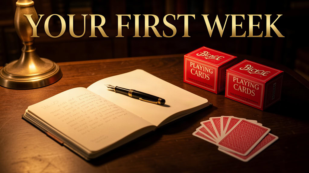 Practice table with a seven-day notebook and two Bicycle decks, gold headline Your First Week