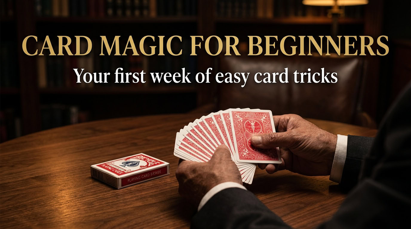 Magician's hands fanning red Bicycle cards on a dark table, gold headline Card Magic for Beginners
