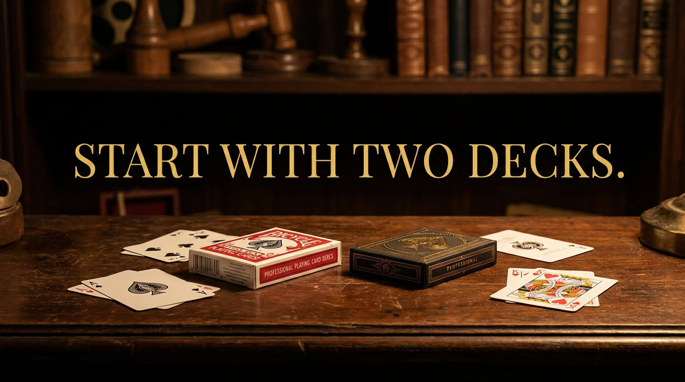 Two playing-card boxes on a wooden table with loose cards, gold headline Start with Two Decks