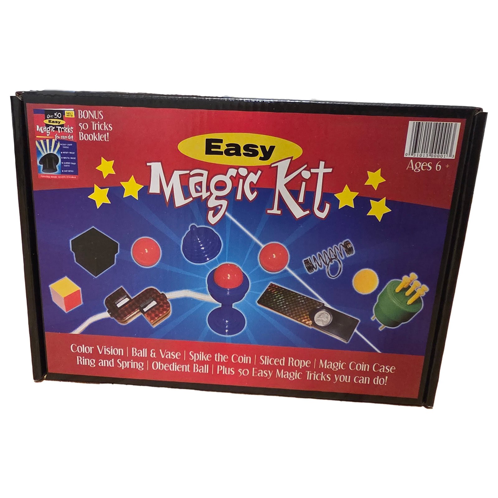 Children's magic kit with colorful tricks for ages 6+.