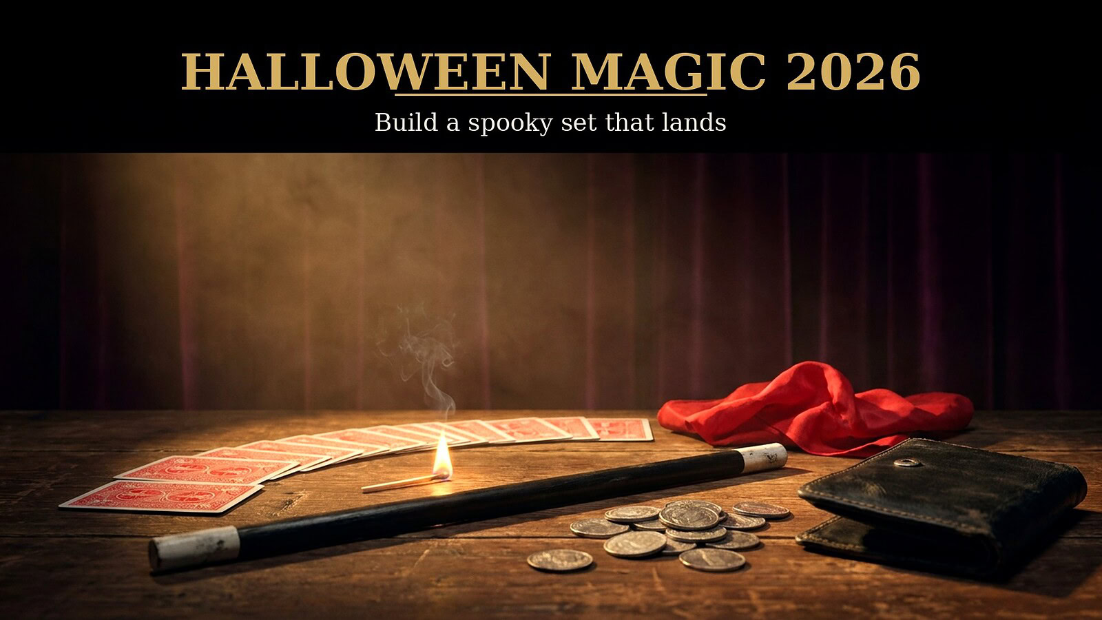 Theatrical close-up magician table with red-backed playing cards, a black wand with white tips, red silk, silver coins, a closed leather wallet, and a lit match under amber stage lighting. Overlay: HALLOWEEN MAGIC 2026 / Build a spooky set that lands.
