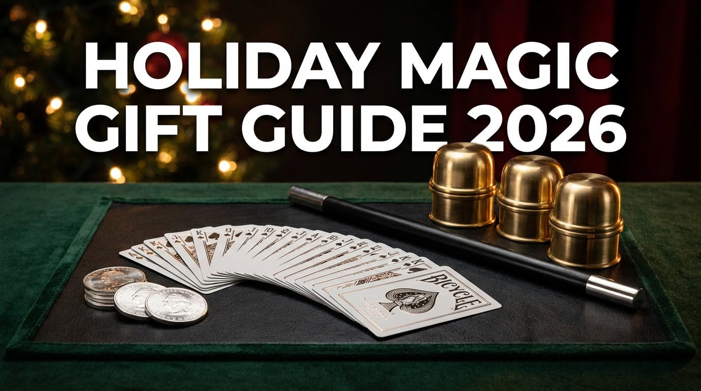 Holiday Magic Gift Guide 2026 hero banner showing a close-up performing mat with Bicycle playing cards, silver dollar coins, brass cups and balls, and a magician's wand in warm festive holiday lighting.
