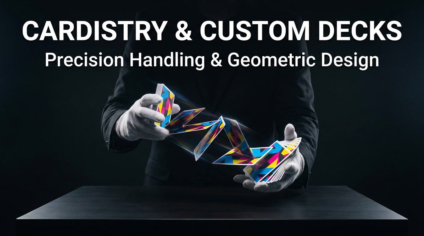 A cardist's hands executing a multi-packet cardistry flourish with geometric custom playing cards mid-air.