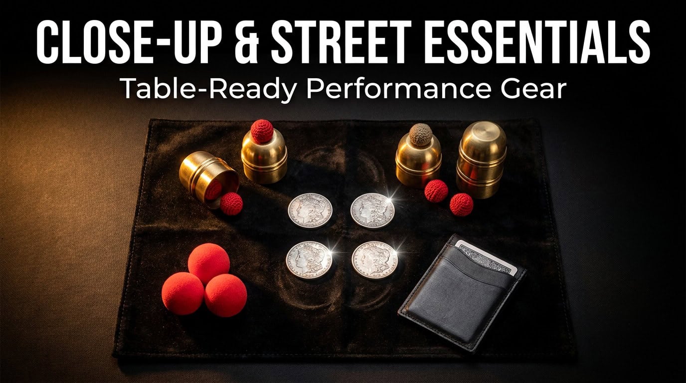 Tabletop arrangement of close-up magic props: polished brass cups, red sponge balls, silver dollar coins and a leather card wallet on black velvet.
