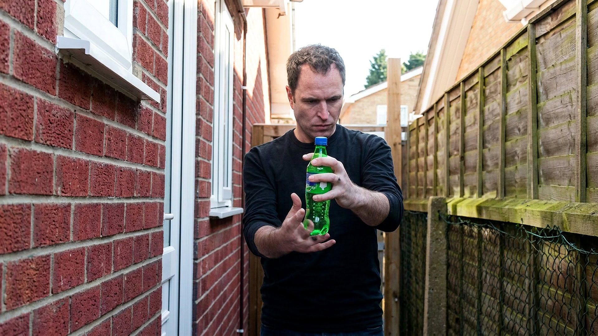 reKap by Richard Griffin magic trick - performer demonstrating the vanishing bottle cap with a green soda bottle