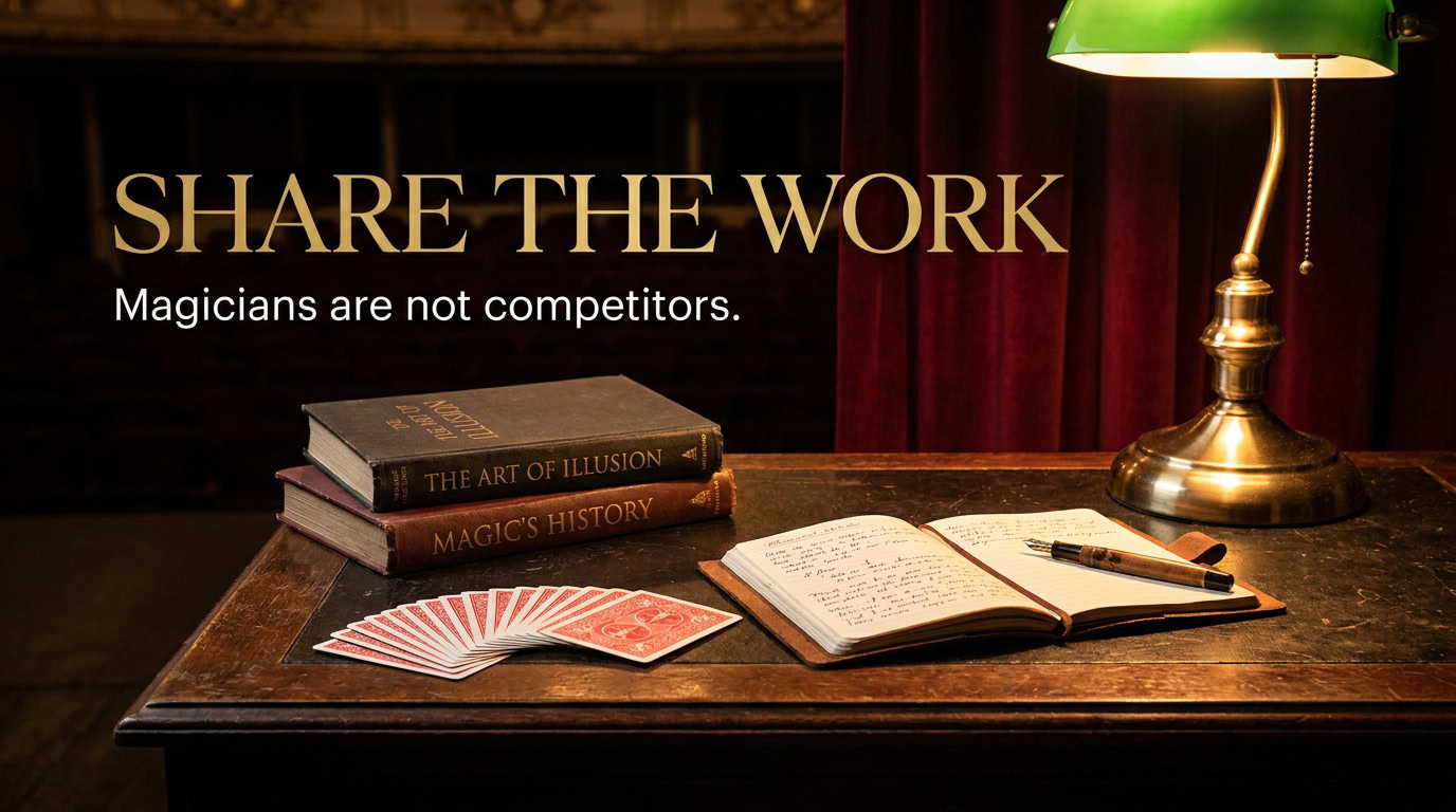 Magician study table with books and cards, gold headline Share the Work