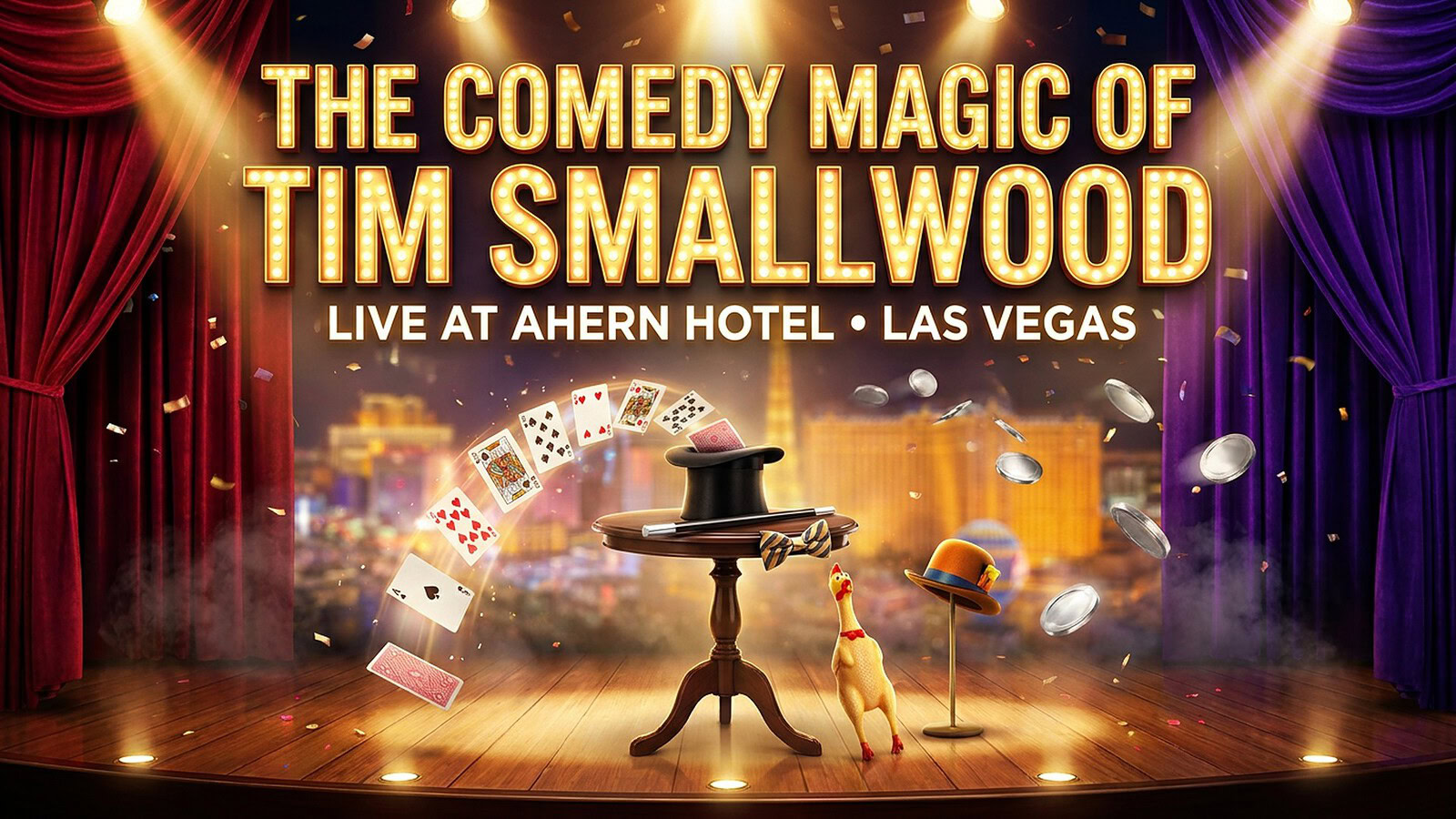The Comedy Magic of Tim Smallwood live at Ahern Hotel Las Vegas showroom stage banner featuring dramatic red velvet curtains, golden marquee lighting, playing cards, and magician props.