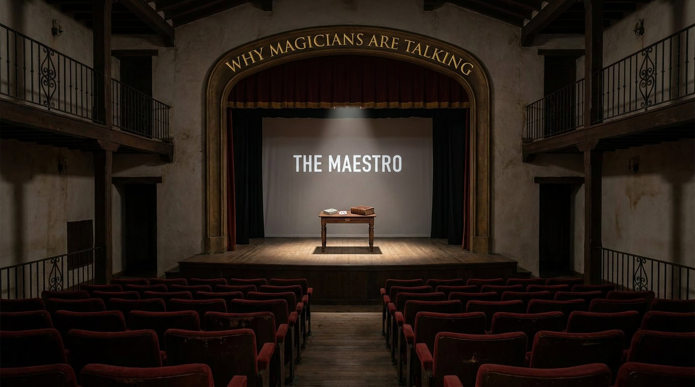 Empty theater with gold text Why Magicians Are Talking and white text The Maestro on the screen